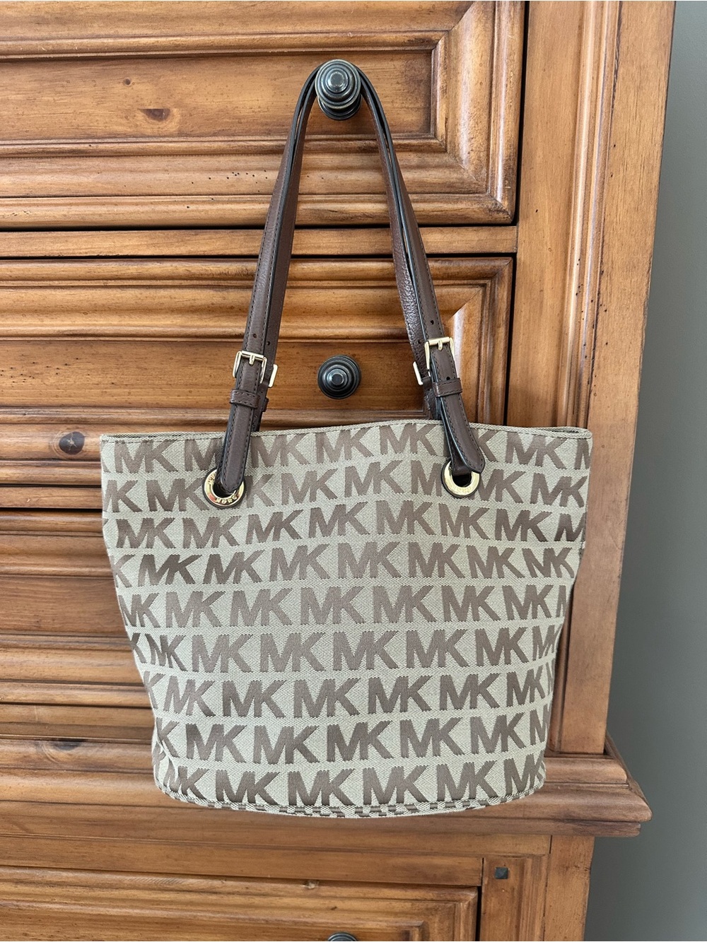 Michael Kors Beige Logo Canvas Shoulder Tote